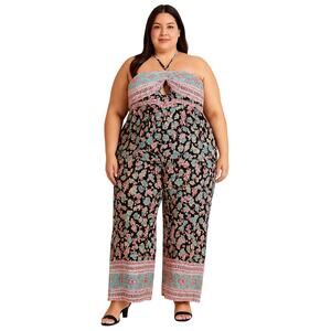 White Birch 2X Boho Floral Halter Wide-Leg Jumpsuit Smocked Bust, Built-In Bra
